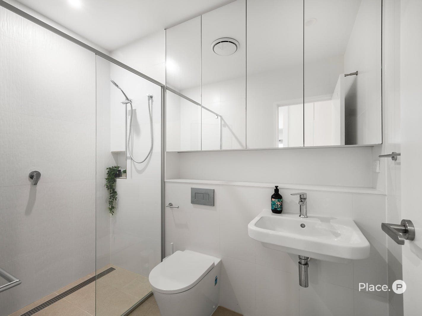 Second full bathroom — frameless shower and mirrored storage