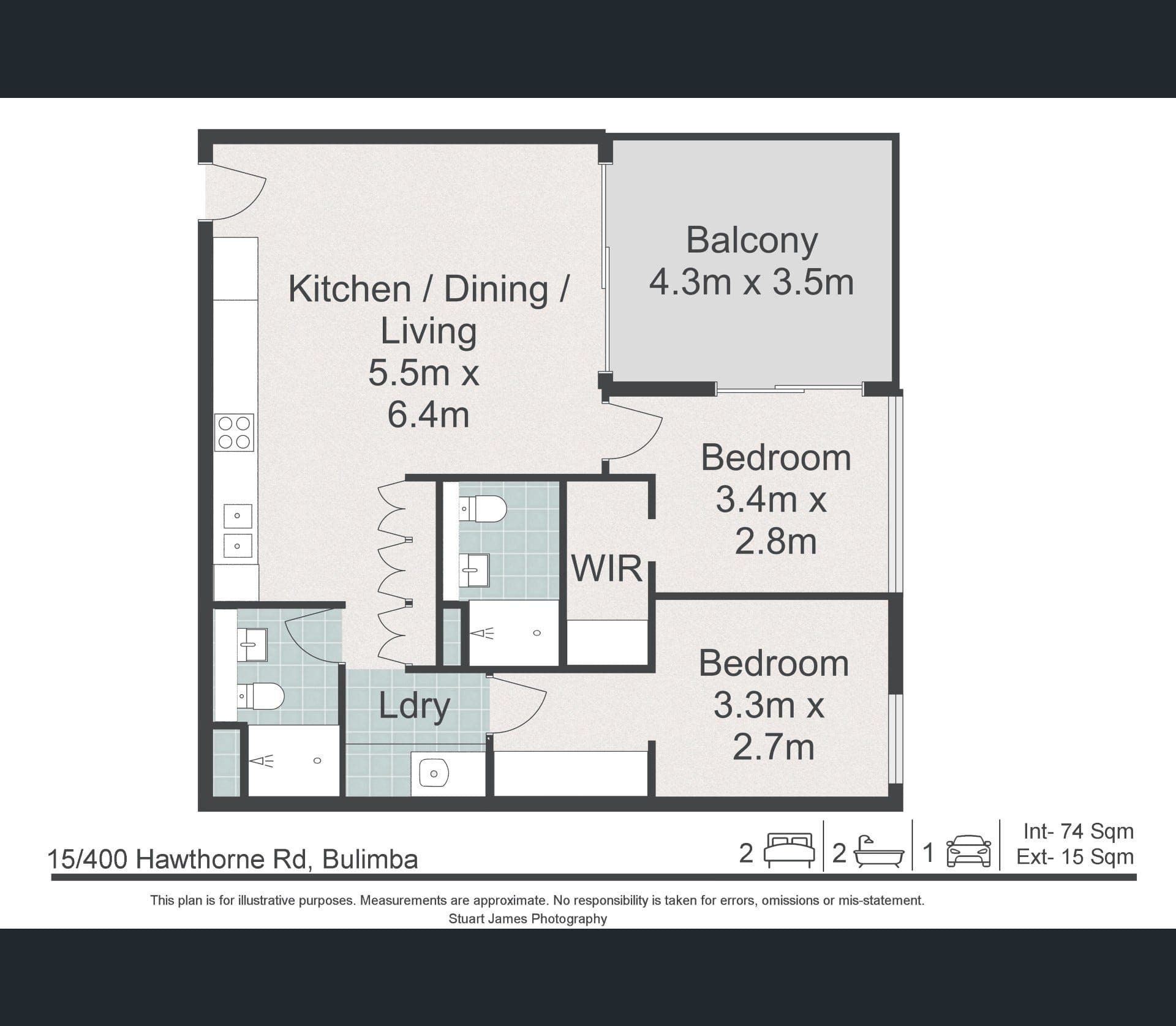 15/400 Hawthorne Road, Bulimba — 2 bed, 2 bath, 1 car floorplan (74m² internal + 15m² balcony)