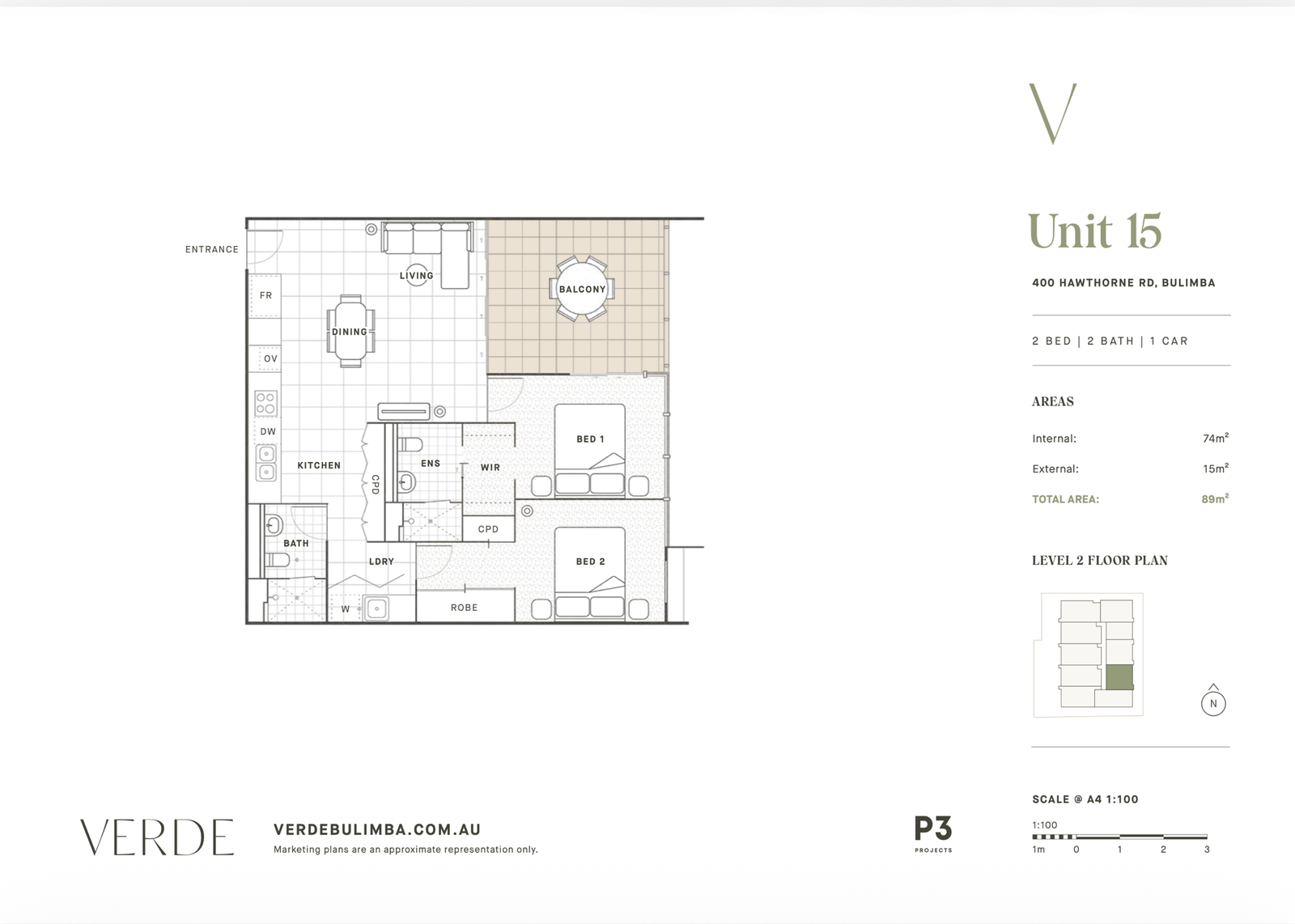 Unit 15 Verde Bulimba — 2 bedroom floorplan, Level 3 East